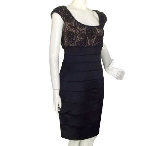 TADASHI Dress, 12, Blue/Tan lace, Bandage Skirt, Scoop neck, Cap sleeves - Picture 3 of 14